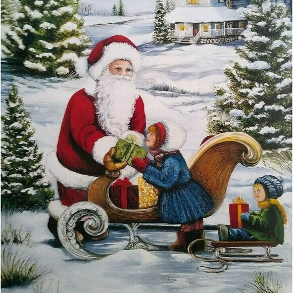 Santa Claus Sled Children Vintage Christmas Art Print J Kleineschay Winter Snow - Picture 1 of 7